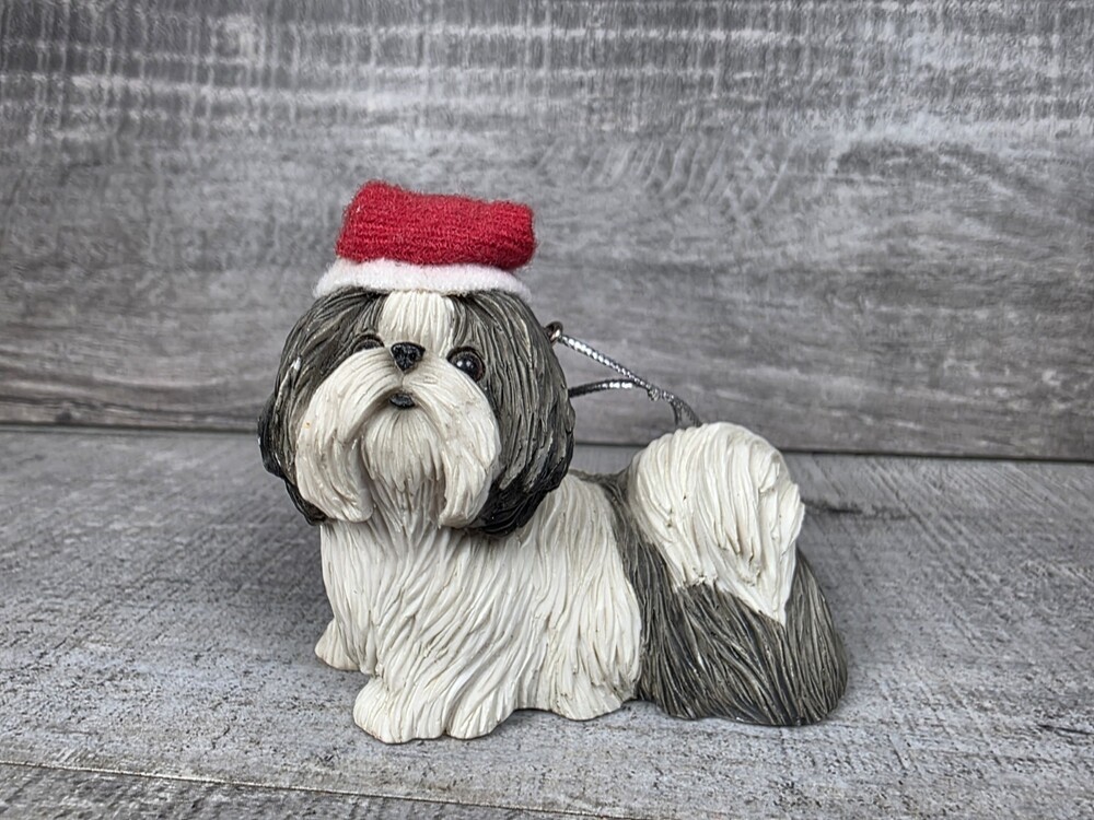 Sandicast Shih Tzu Dog Sculpture Christmas Ornament Gray White Hand Painted 27b